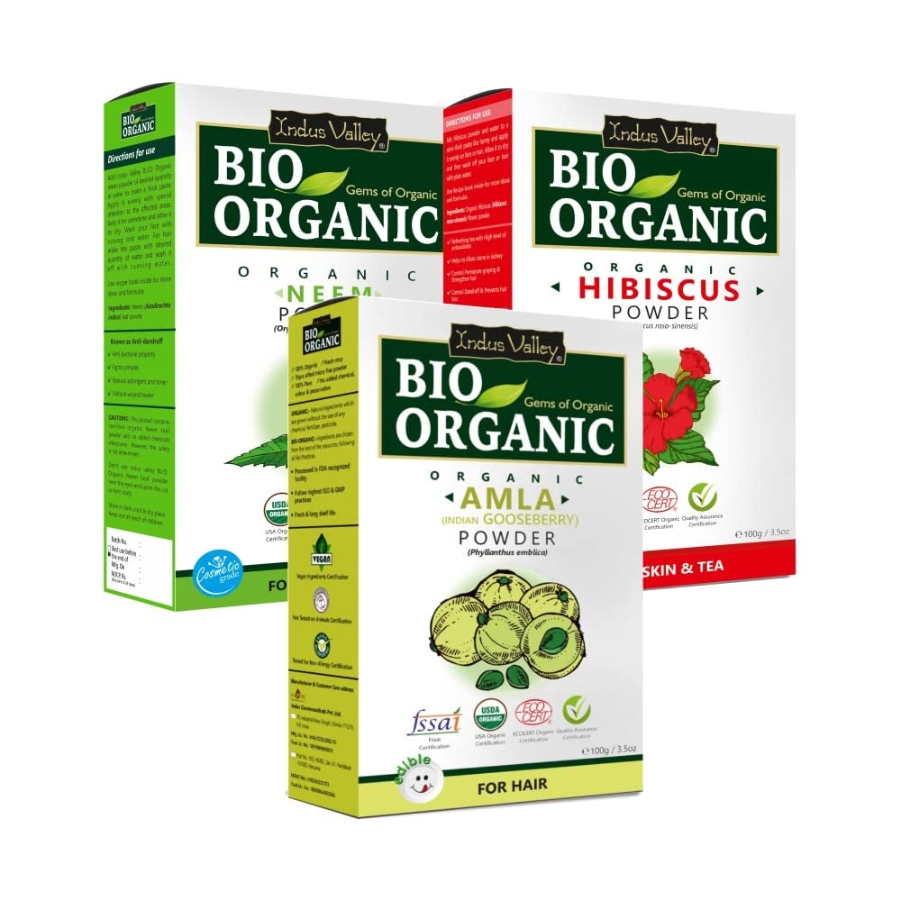 Organic & Pure Amla Powder, Neem Leaf Powder and Hibiscus Powder