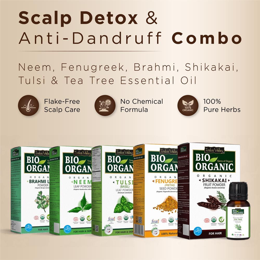 Scalp Detox & Anti Dandruff Combo - Neem, Fenugreek, Brahmi, Shikakai, Tulsi, Tea Tree Essential Oil