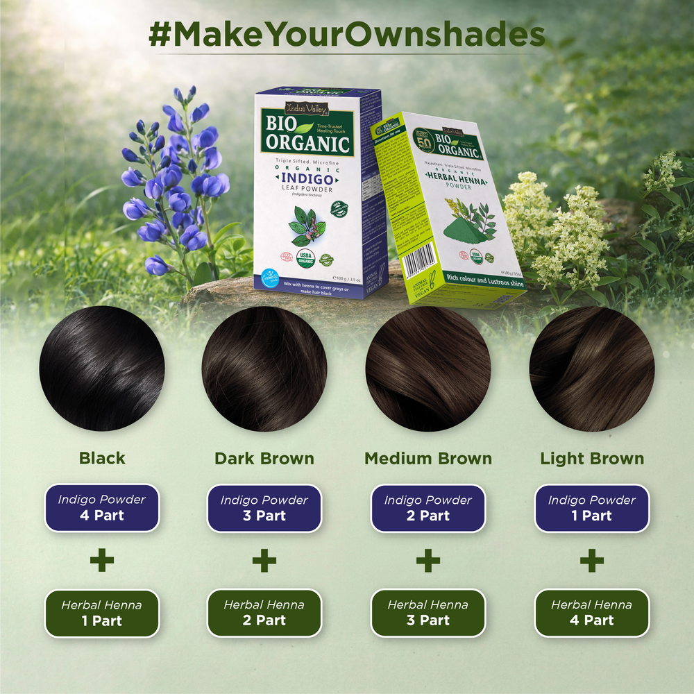 Make your own shades with herbal henna powder and indigo leaf powder 