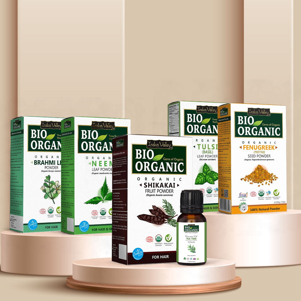 Brahmi Leaf Powder, Neem Leaf Powder, Shikakai Fruit Powder, Tulsi Leaf Powder, Fenugreek Seed Powder, Tea Tree Essential Oil