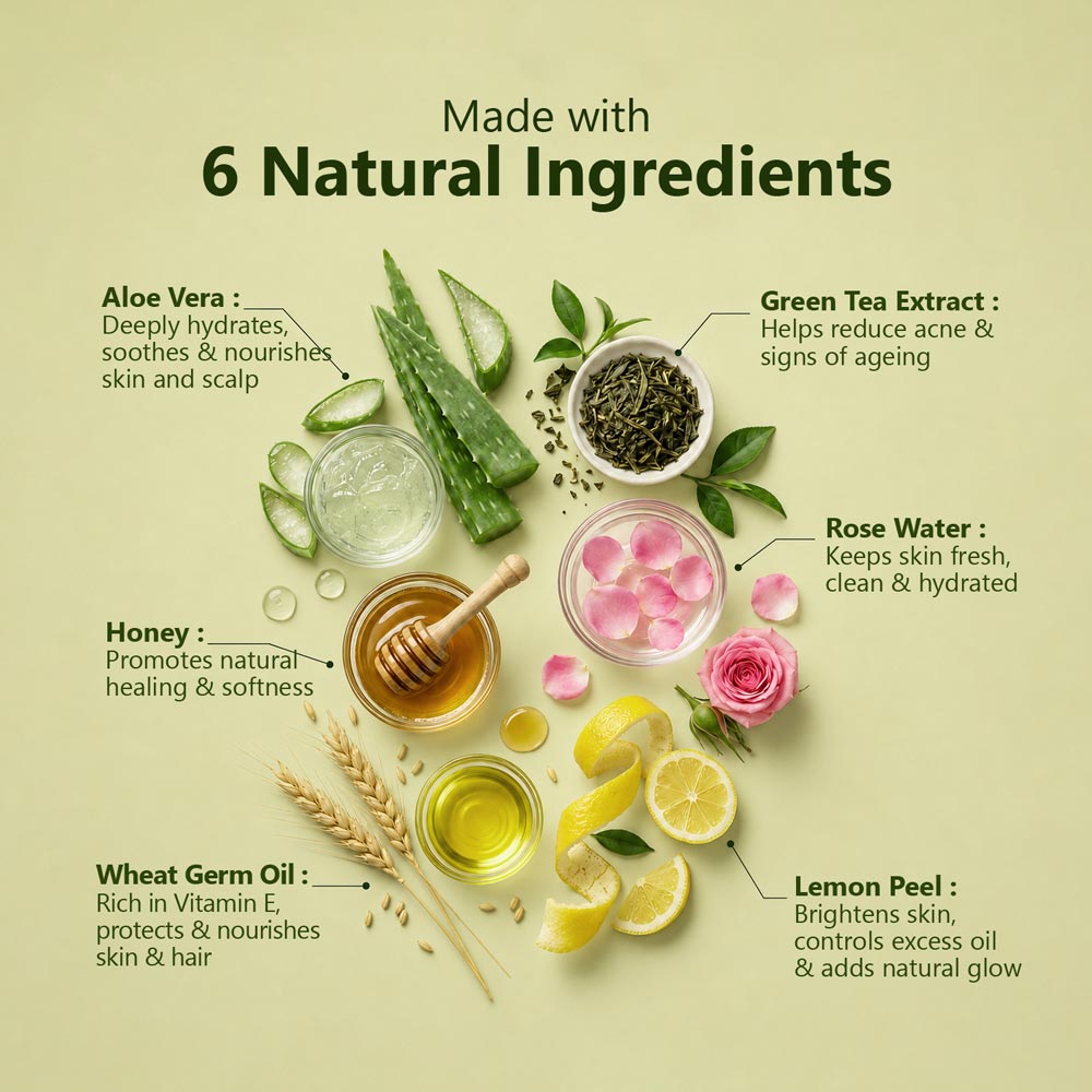 Aloe Vera Gel Made with 6 Natural Ingredients - Aloe vera gel, green tea extract, honey, rose water, wheat germ oil and lemon peel