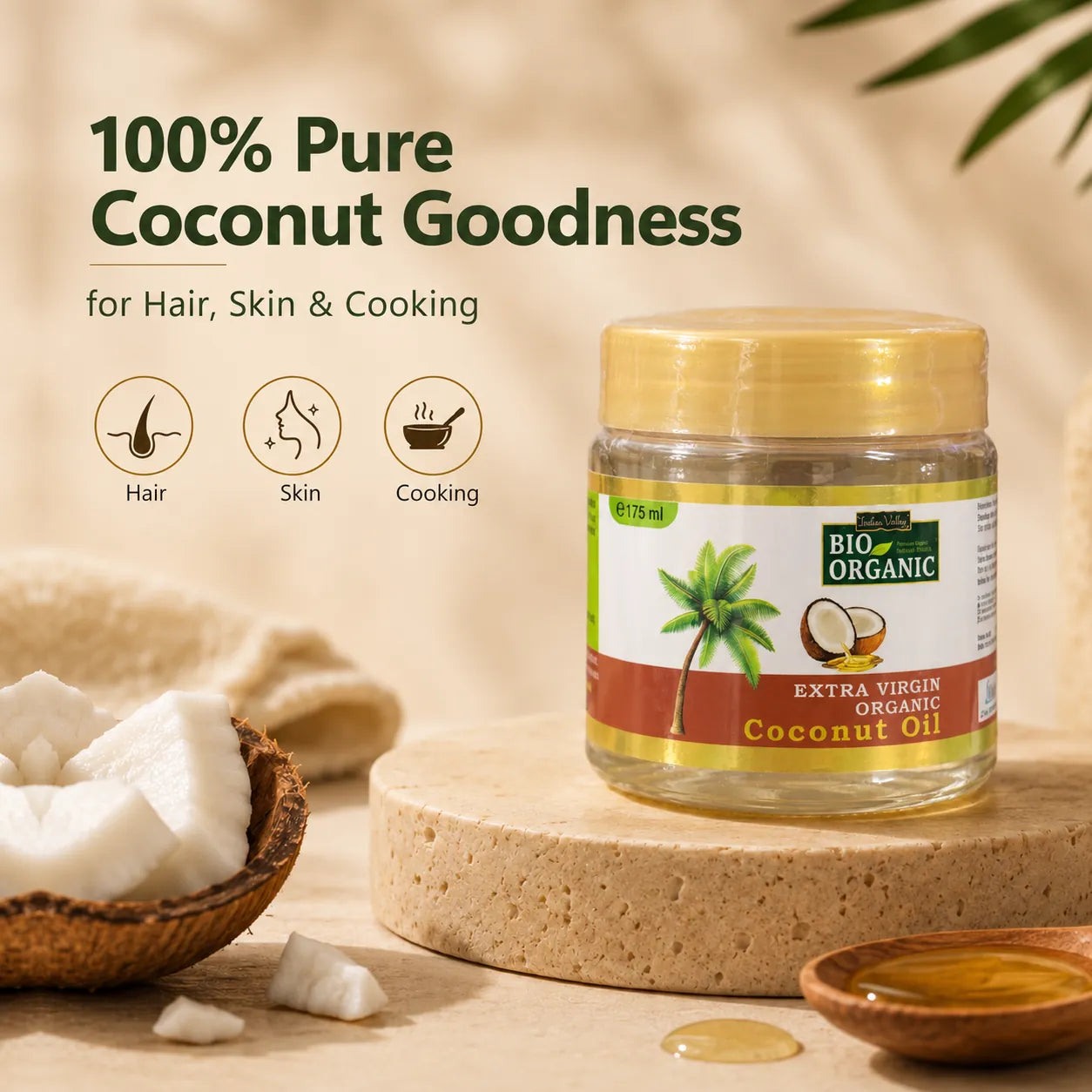 100% pure coconut goodness for hair, skin and cooking