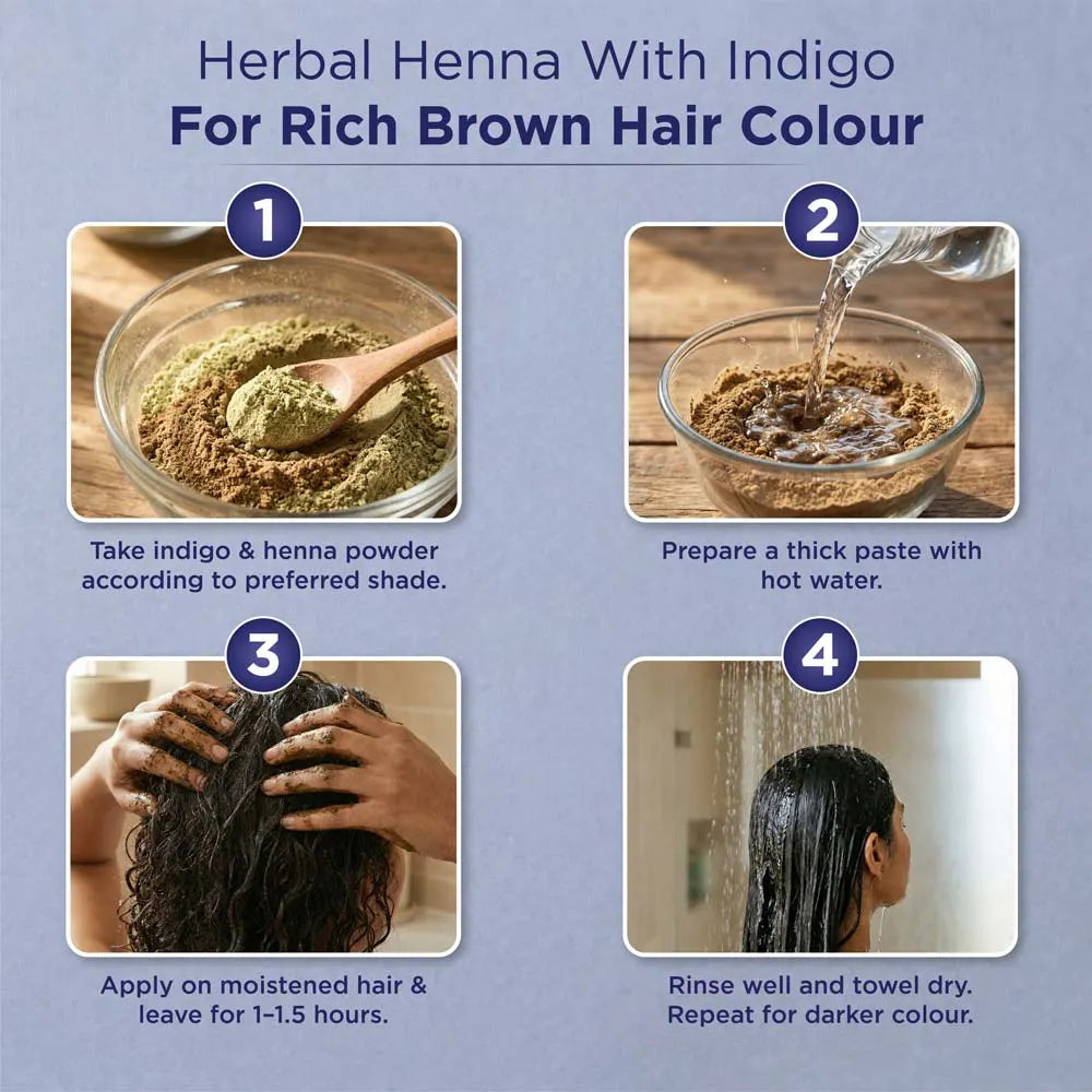 herbal henna with indigo for rich brown hair colour 