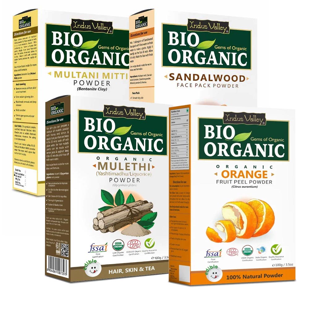Bio Organic Sandalwood Face Pack Powder, Orange Peel Powder, Mulethi Powder & Multani Mitti Powder